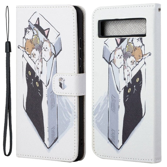For Google Pixel 7a PU Leather Flip 3D Pattern Printing Phone Case Cross Texture Magnetic Closure Stand Folio Cover - Cats