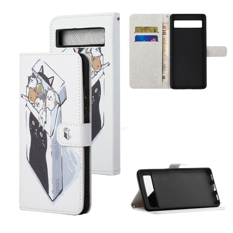 For Google Pixel 7a PU Leather Flip 3D Pattern Printing Phone Case Cross Texture Magnetic Closure Stand Folio Cover - Cats