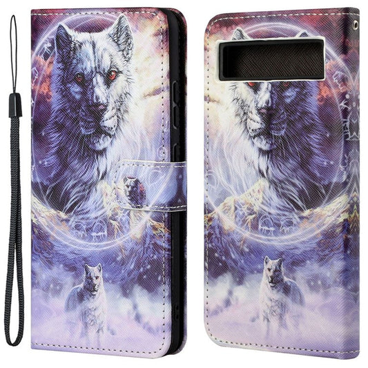 For Google Pixel 7a PU Leather Flip 3D Pattern Printing Phone Case Cross Texture Magnetic Closure Stand Folio Cover - Snow Wolf