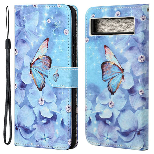 For Google Pixel 7a PU Leather Flip 3D Pattern Printing Phone Case Cross Texture Magnetic Closure Stand Folio Cover - Flower and Butterfly