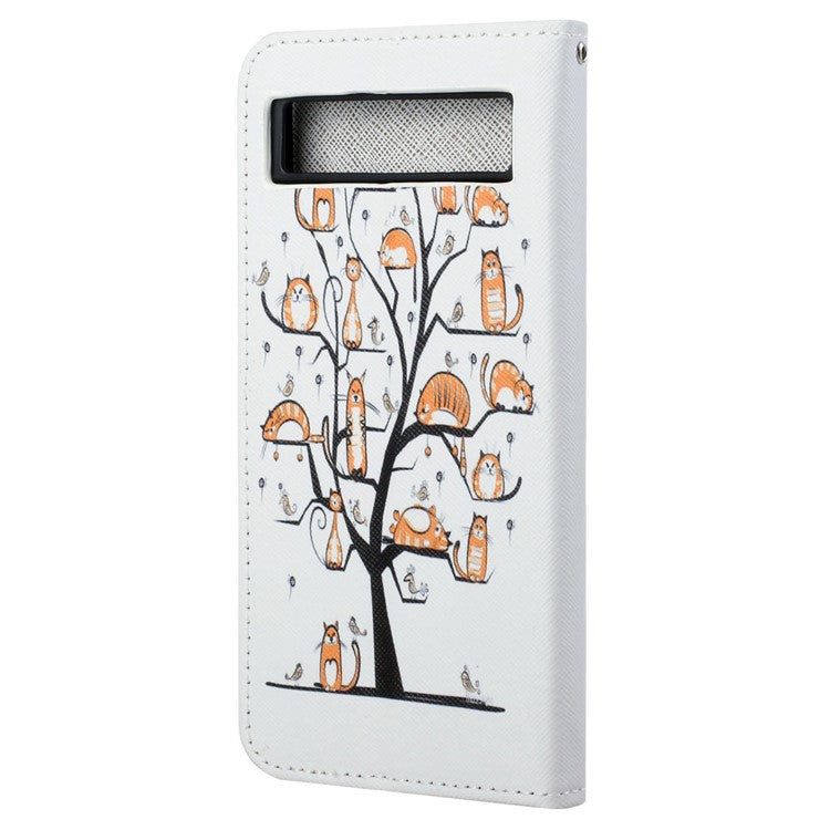 For Google Pixel 7a PU Leather Flip 3D Pattern Printing Phone Case Cross Texture Magnetic Closure Stand Folio Cover - Cat and Tree