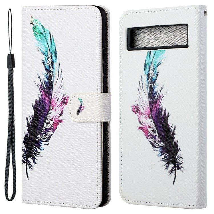 For Google Pixel 7a PU Leather Flip 3D Pattern Printing Phone Case Cross Texture Magnetic Closure Stand Folio Cover - Feather