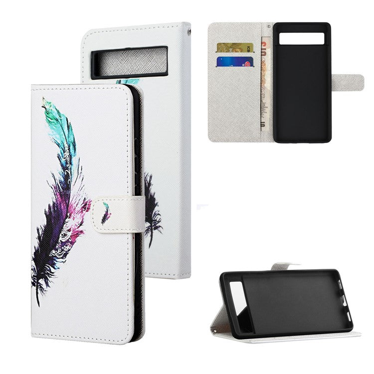For Google Pixel 7a PU Leather Flip 3D Pattern Printing Phone Case Cross Texture Magnetic Closure Stand Folio Cover - Feather