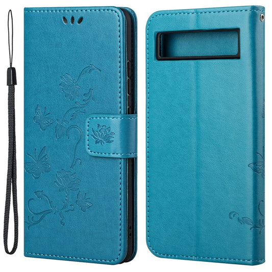 For Google Pixel 7a PU Leather Wallet Phone Case Imprinted Butterfly Flower Pattern Magnetic Closure Stand Flip Cover with Strap - Blue