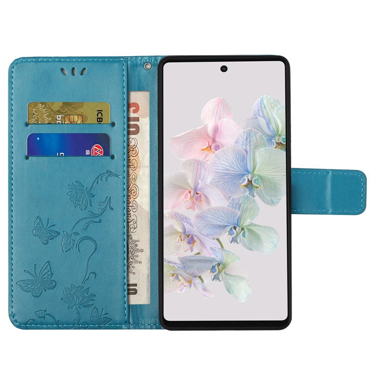 For Google Pixel 7a PU Leather Wallet Phone Case Imprinted Butterfly Flower Pattern Magnetic Closure Stand Flip Cover with Strap - Blue