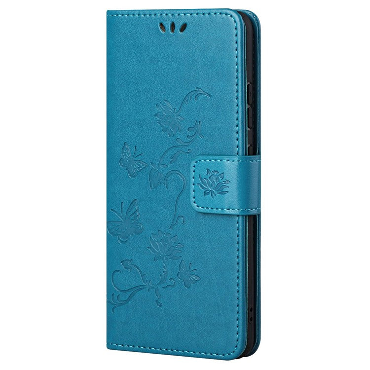 For Google Pixel 7a PU Leather Wallet Phone Case Imprinted Butterfly Flower Pattern Magnetic Closure Stand Flip Cover with Strap - Blue