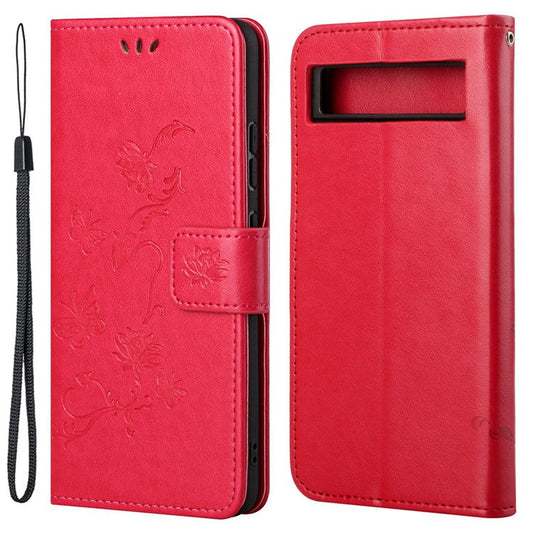 For Google Pixel 7a PU Leather Wallet Phone Case Imprinted Butterfly Flower Pattern Magnetic Closure Stand Flip Cover with Strap - Red