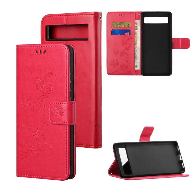 For Google Pixel 7a PU Leather Wallet Phone Case Imprinted Butterfly Flower Pattern Magnetic Closure Stand Flip Cover with Strap - Red