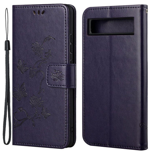 For Google Pixel 7a PU Leather Wallet Phone Case Imprinted Butterfly Flower Pattern Magnetic Closure Stand Flip Cover with Strap - Dark Purple