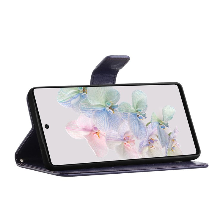 For Google Pixel 7a PU Leather Wallet Phone Case Imprinted Butterfly Flower Pattern Magnetic Closure Stand Flip Cover with Strap - Dark Purple