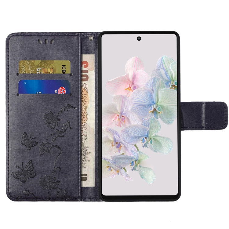 For Google Pixel 7a PU Leather Wallet Phone Case Imprinted Butterfly Flower Pattern Magnetic Closure Stand Flip Cover with Strap - Dark Purple