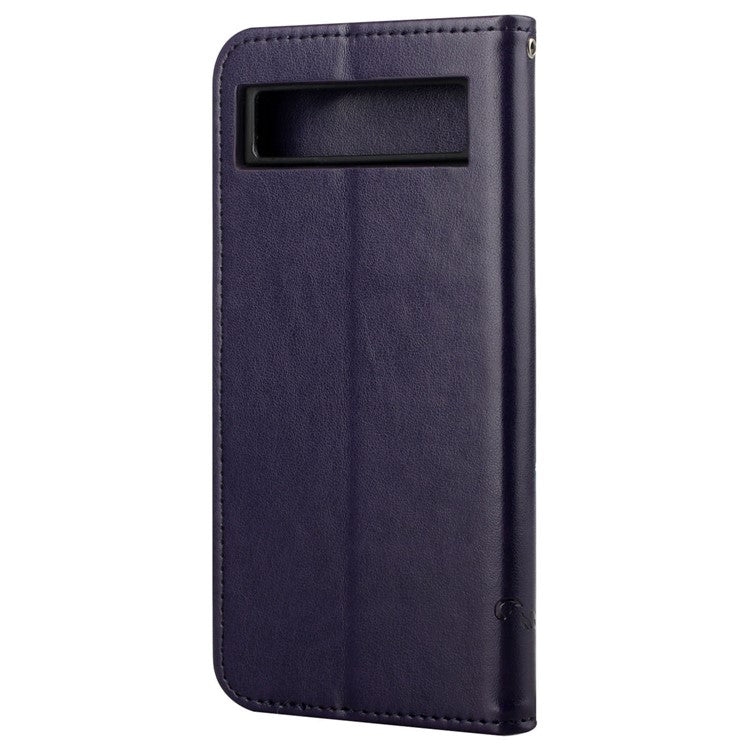 For Google Pixel 7a PU Leather Wallet Phone Case Imprinted Butterfly Flower Pattern Magnetic Closure Stand Flip Cover with Strap - Dark Purple