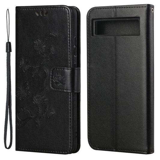 For Google Pixel 7a PU Leather Wallet Phone Case Imprinted Butterfly Flower Pattern Magnetic Closure Stand Flip Cover with Strap - Black