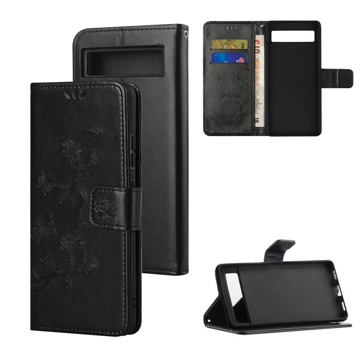 For Google Pixel 7a PU Leather Wallet Phone Case Imprinted Butterfly Flower Pattern Magnetic Closure Stand Flip Cover with Strap - Black