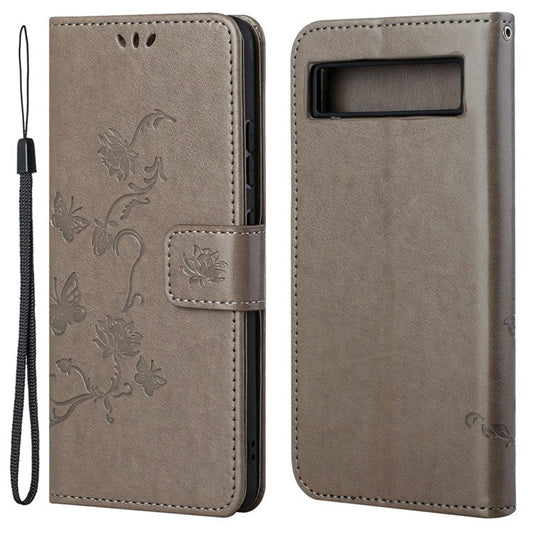 For Google Pixel 7a PU Leather Wallet Phone Case Imprinted Butterfly Flower Pattern Magnetic Closure Stand Flip Cover with Strap - Grey