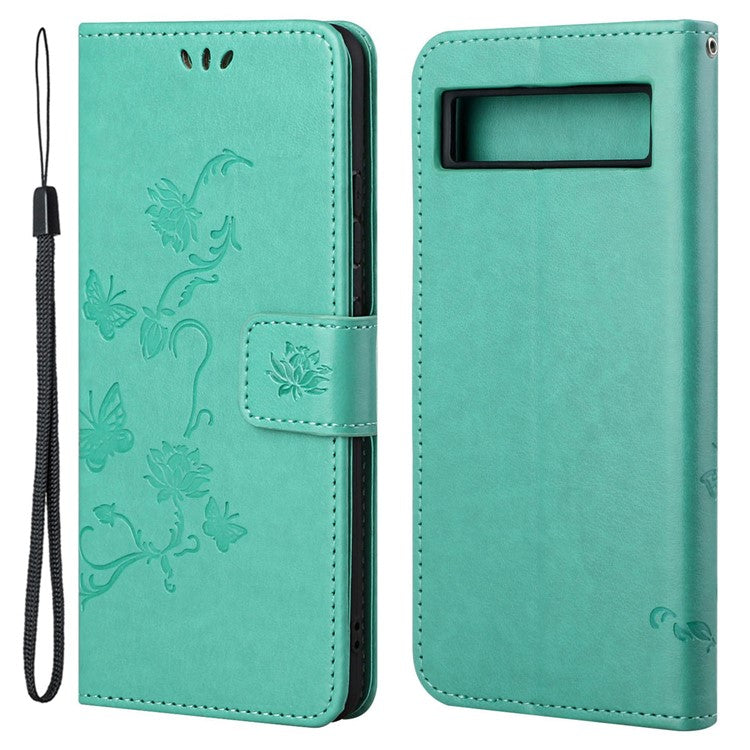 For Google Pixel 7a PU Leather Wallet Phone Case Imprinted Butterfly Flower Pattern Magnetic Closure Stand Flip Cover with Strap - Cyan