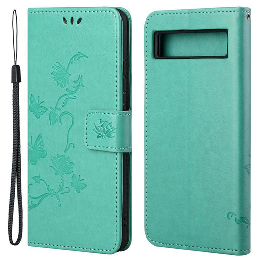 For Google Pixel 7a PU Leather Wallet Phone Case Imprinted Butterfly Flower Pattern Magnetic Closure Stand Flip Cover with Strap - Cyan