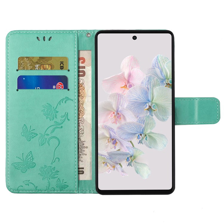 For Google Pixel 7a PU Leather Wallet Phone Case Imprinted Butterfly Flower Pattern Magnetic Closure Stand Flip Cover with Strap - Cyan
