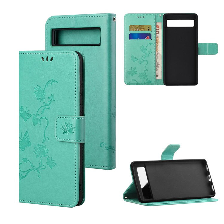 For Google Pixel 7a PU Leather Wallet Phone Case Imprinted Butterfly Flower Pattern Magnetic Closure Stand Flip Cover with Strap - Cyan