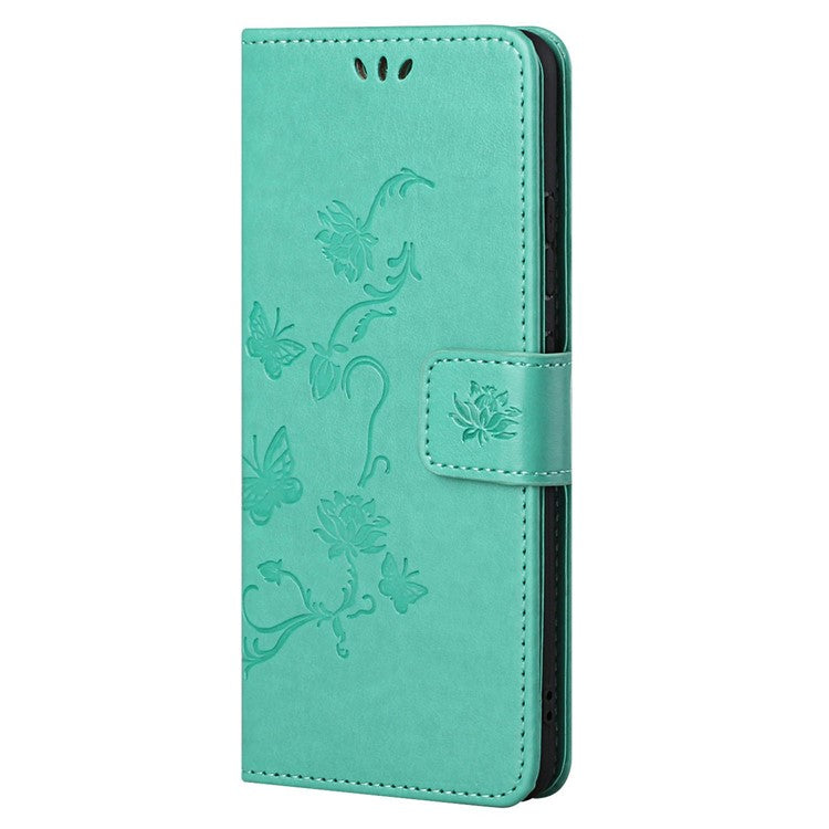 For Google Pixel 7a PU Leather Wallet Phone Case Imprinted Butterfly Flower Pattern Magnetic Closure Stand Flip Cover with Strap - Cyan