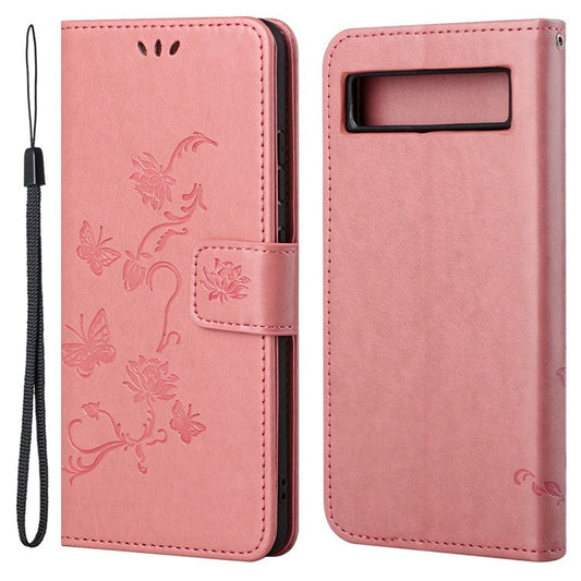 For Google Pixel 7a PU Leather Wallet Phone Case Imprinted Butterfly Flower Pattern Magnetic Closure Stand Flip Cover with Strap - Pink