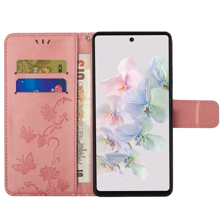 For Google Pixel 7a PU Leather Wallet Phone Case Imprinted Butterfly Flower Pattern Magnetic Closure Stand Flip Cover with Strap - Pink