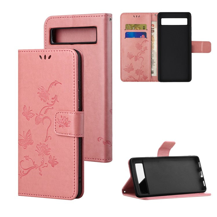 For Google Pixel 7a PU Leather Wallet Phone Case Imprinted Butterfly Flower Pattern Magnetic Closure Stand Flip Cover with Strap - Pink