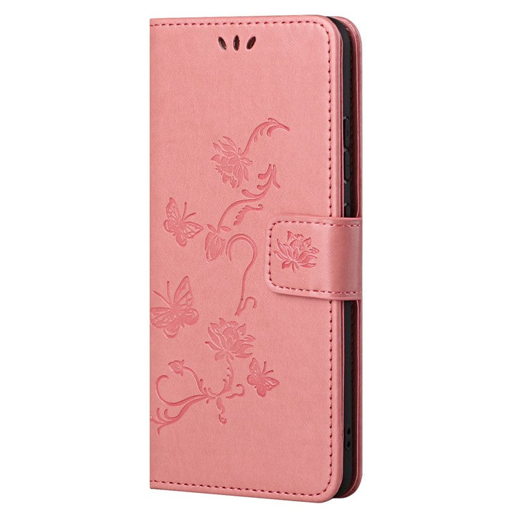 For Google Pixel 7a PU Leather Wallet Phone Case Imprinted Butterfly Flower Pattern Magnetic Closure Stand Flip Cover with Strap - Pink