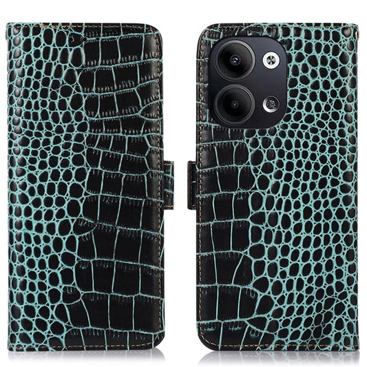 Shockproof Phone Case For Oppo Reno9 Pro 5G / Reno9 5G RFID Blocking Stand Wallet Crocodile Texture Genuine Cowhide Leather Cell Phone Cover - Green
