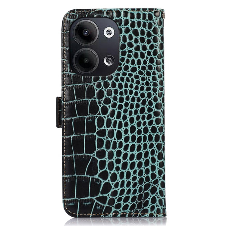 Shockproof Phone Case For Oppo Reno9 Pro 5G / Reno9 5G RFID Blocking Stand Wallet Crocodile Texture Genuine Cowhide Leather Cell Phone Cover - Green