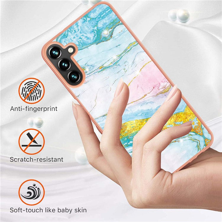 For Samsung Galaxy A34 5G YB IMD Series-2 Marble Pattern Anti-collision Phone Case Soft TPU Electroplating Frame Shockproof Protection Skin Shell IMD Back Cover - Green 004