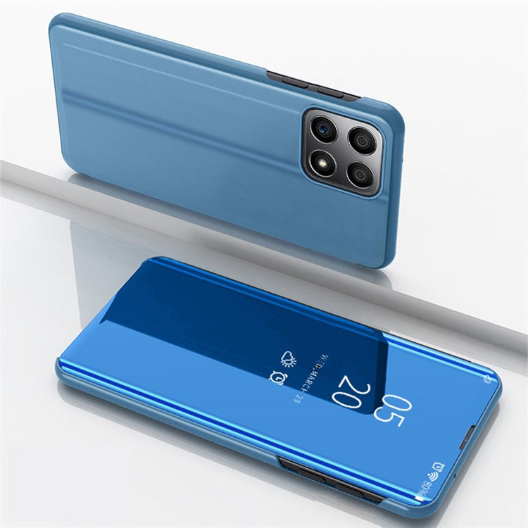 For Honor X8 5G / X6 / 70 Lite View Window PU Leather Case Hands-free Stand Mirror Electroplating Phone Cover Protector - Blue