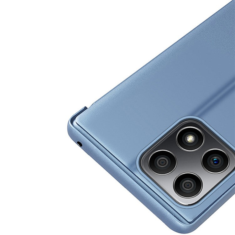 For Honor X8 5G / X6 / 70 Lite View Window PU Leather Case Hands-free Stand Mirror Electroplating Phone Cover Protector - Blue