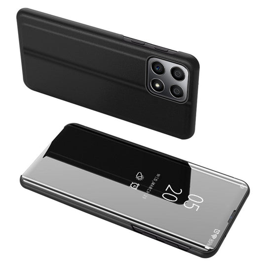 For Honor X8 5G / X6 / 70 Lite View Window PU Leather Case Hands-free Stand Mirror Electroplating Phone Cover Protector - Black