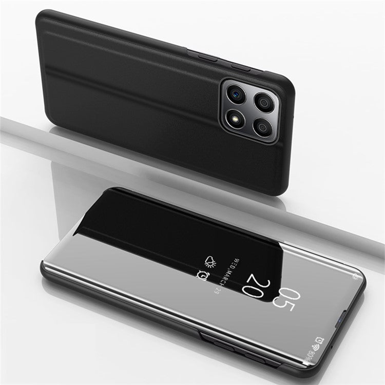For Honor X8 5G / X6 / 70 Lite View Window PU Leather Case Hands-free Stand Mirror Electroplating Phone Cover Protector - Black