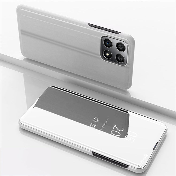 For Honor X8 5G / X6 / 70 Lite View Window PU Leather Case Hands-free Stand Mirror Electroplating Phone Cover Protector - Silver