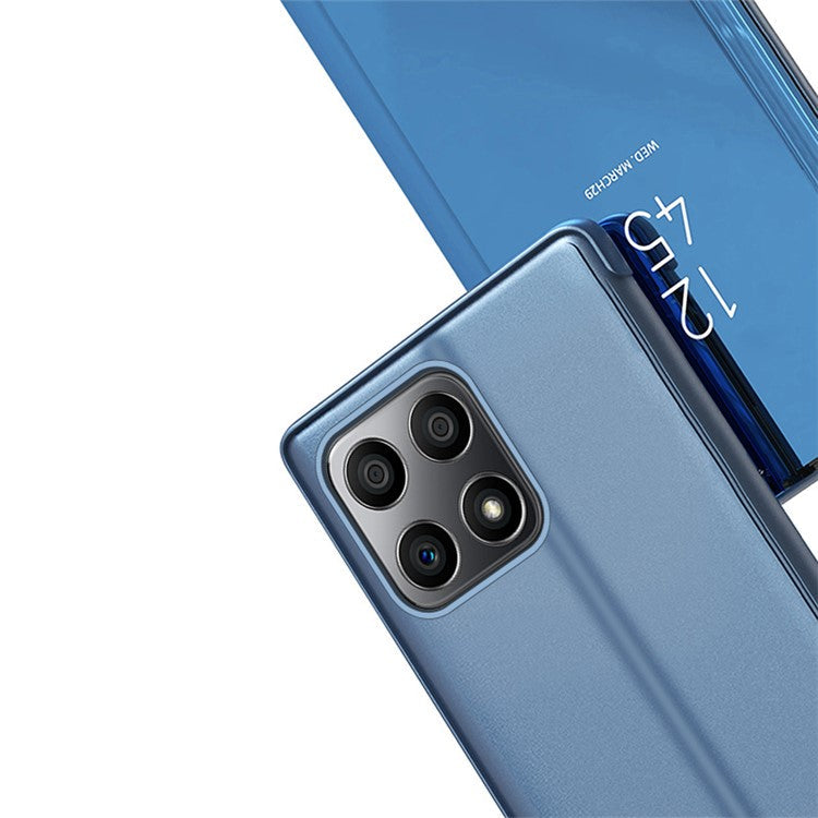 For Honor X8 5G / X6 / 70 Lite View Window PU Leather Case Hands-free Stand Mirror Electroplating Phone Cover Protector - Silver