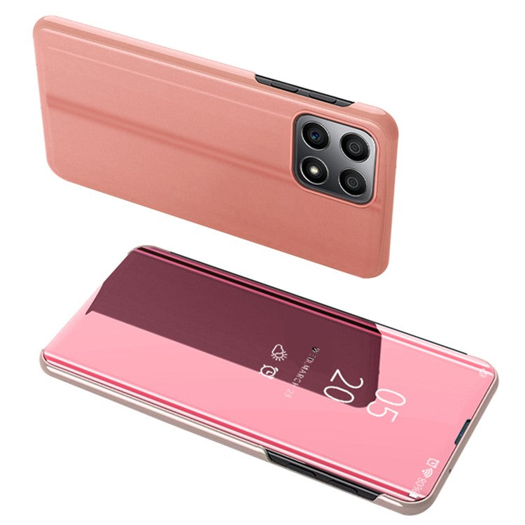 For Honor X8 5G / X6 / 70 Lite View Window PU Leather Case Hands-free Stand Mirror Electroplating Phone Cover Protector - Rose Gold