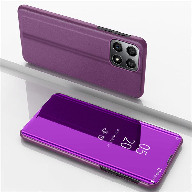For Honor X8 5G / X6 / 70 Lite View Window PU Leather Case Hands-free Stand Mirror Electroplating Phone Cover Protector - Purple