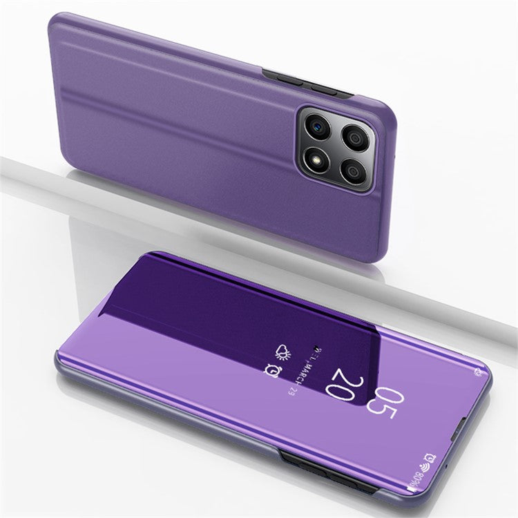 For Honor X8 5G / X6 / 70 Lite View Window PU Leather Case Hands-free Stand Mirror Electroplating Phone Cover Protector - Purple  /  Blue