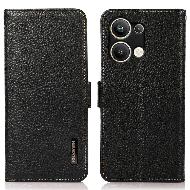 KHAZNEH for Oppo Reno9 Pro+ 5G RFID Blocking Full Protection Wallet Stand Case Litchi Texture Genuine Leather Folio Flip Phone Cover - Black