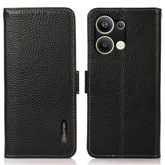 KHAZNEH for Oppo Reno9 Pro+ 5G RFID Blocking Full Protection Wallet Stand Case Litchi Texture Genuine Leather Folio Flip Phone Cover - Black