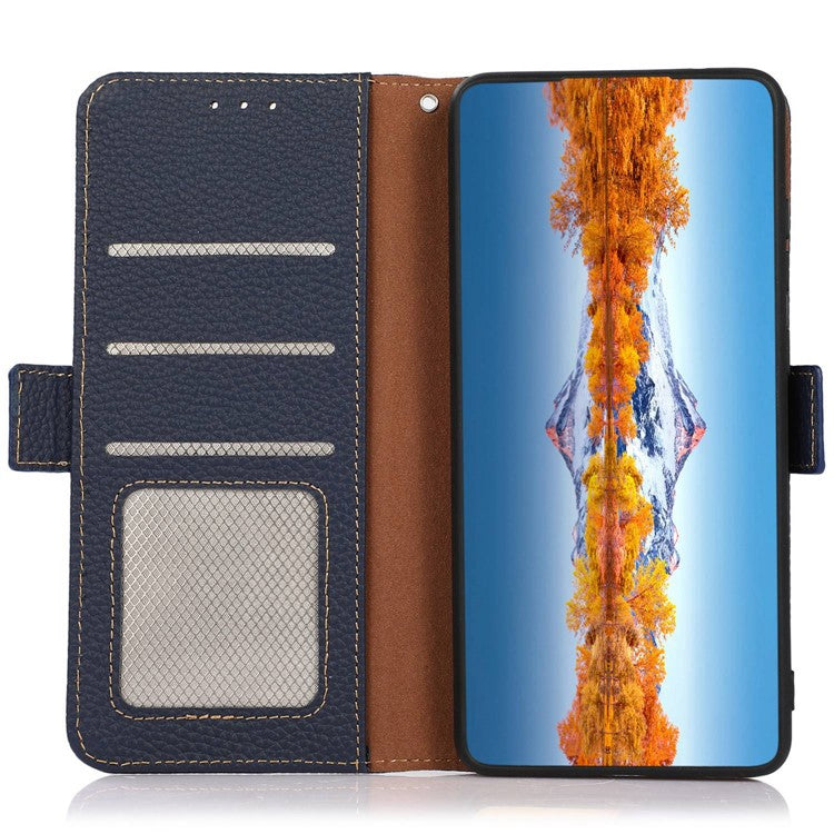 KHAZNEH for Oppo Reno9 Pro+ 5G RFID Blocking Full Protection Wallet Stand Case Litchi Texture Genuine Leather Folio Flip Phone Cover - Blue