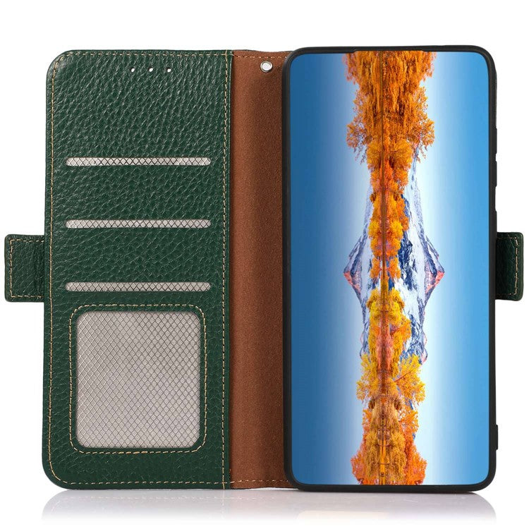 KHAZNEH for Oppo Reno9 Pro+ 5G RFID Blocking Full Protection Wallet Stand Case Litchi Texture Genuine Leather Folio Flip Phone Cover - Green