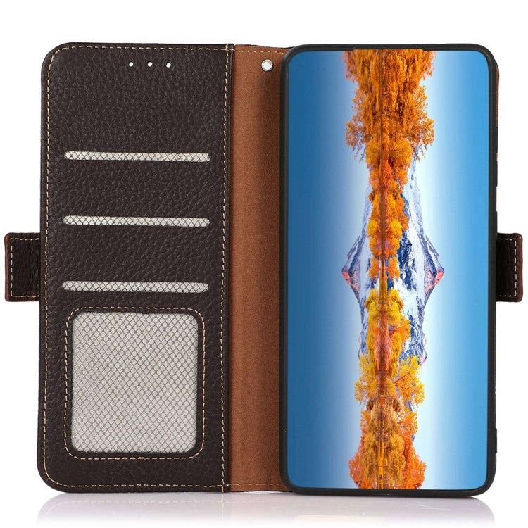 KHAZNEH for Oppo Reno9 Pro+ 5G RFID Blocking Full Protection Wallet Stand Case Litchi Texture Genuine Leather Folio Flip Phone Cover - Brown