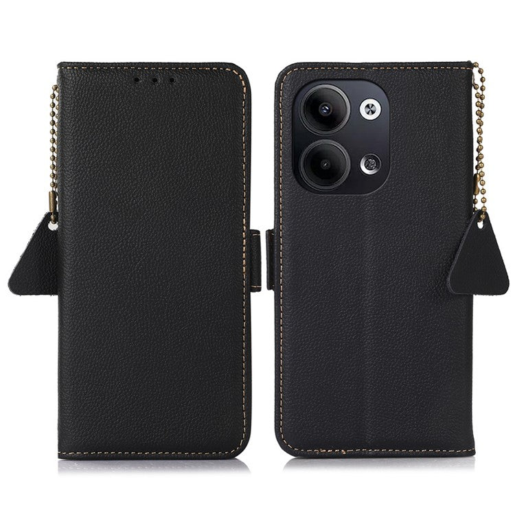 TJ Series For Oppo Reno9 5G / Reno9 Pro 5G RFID Blocking Genuine Cowhide Leather Phone Case Wallet Stand Magnetic Clasp Cover - Black