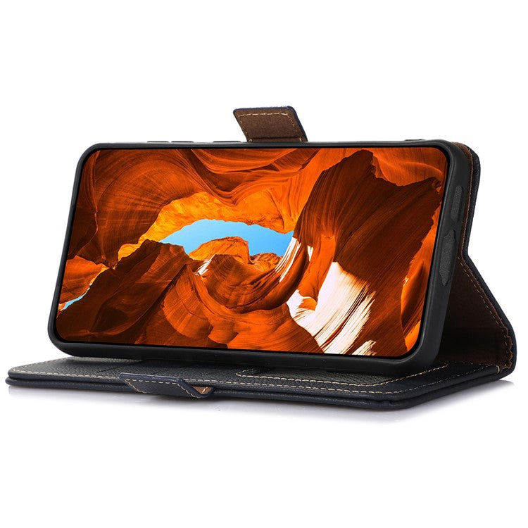 TJ Series For Oppo Reno9 5G / Reno9 Pro 5G RFID Blocking Genuine Cowhide Leather Phone Case Wallet Stand Magnetic Clasp Cover - Blue