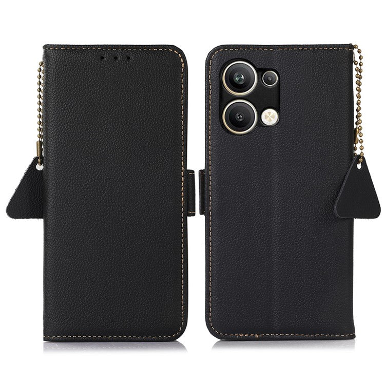 TJ Series For Oppo Reno9 Pro+ 5G RFID Blocking Phone Cover Genuine Cowhide Leather Magnetic Clasp Case with Wallet Stand - Black