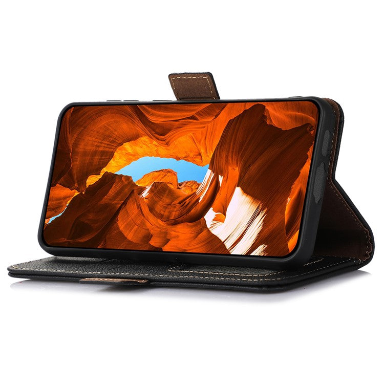 TJ Series For Oppo Reno9 Pro+ 5G RFID Blocking Phone Cover Genuine Cowhide Leather Magnetic Clasp Case with Wallet Stand - Black