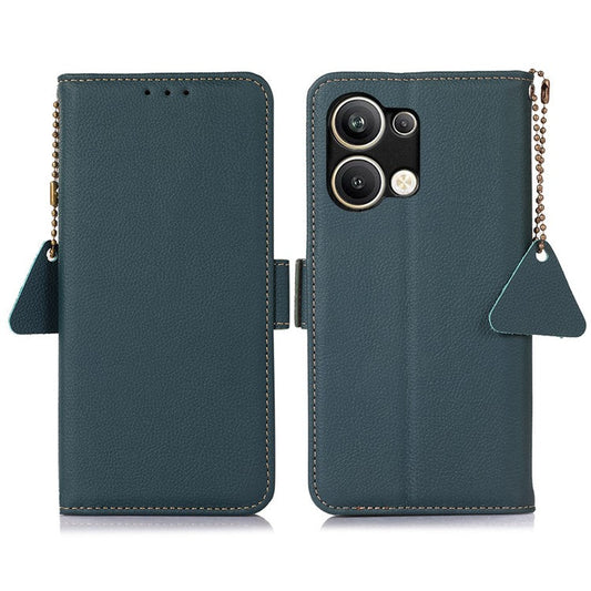 TJ Series For Oppo Reno9 Pro+ 5G RFID Blocking Phone Cover Genuine Cowhide Leather Magnetic Clasp Case with Wallet Stand - Green